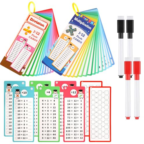 30 Pcs Multiplication and Division Flash Cards with 4 Dry Erase Pens 2 Rings Reusable Educational Time Table Flash Cards Set Math Chart Games for 1st to 3rd Grades