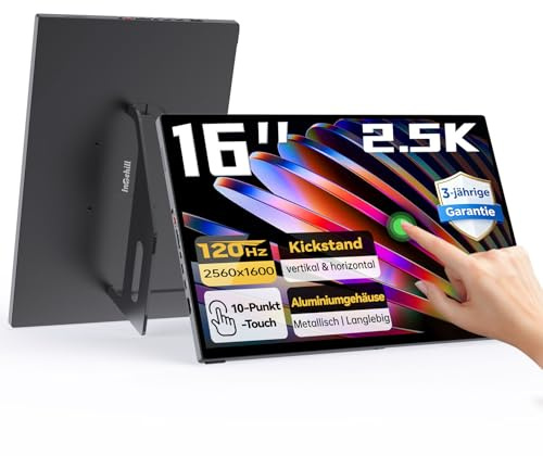 Intehill Portable Monitor Touchscreen 16 Zoll 2,5K 120Hz Gaming, Tragbarer Monitor Touchscreen, USB-C Monitor mit 10-Punkt Touch, 400Nits, 100% sRGB, Glänzend, VESA, Alu-Gehäuse T16KB(Schwarz)