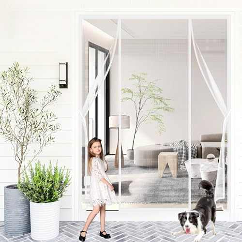 Double Ouverture Magnétique Moustiquaire Porte 140x190cm Aimant Moustiquaire Rideau Porte avec Bande Adhésive Fermeture Automatique Installation Sans Perçage Garde l'Air Frais à l’Intérieur Blanc