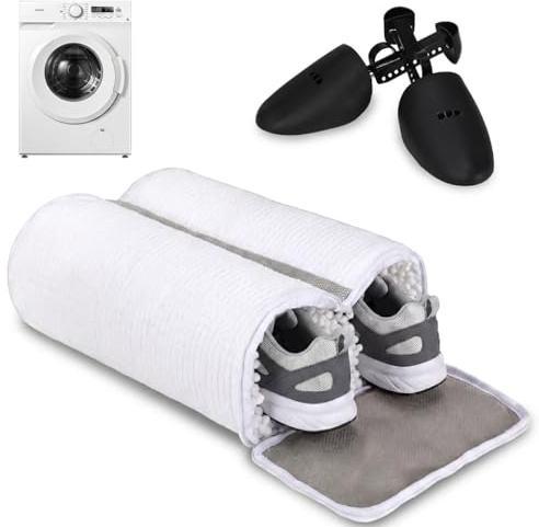 EYMPEU Bolsa para Lavar Zapatillas en Lavadora Blanco, Doble Abertura, 2 Hormas Ajustables Anti-Deformación, Poliéster Chenille. Ideal para Deportistas, Familias, Viajeros y Amantes del Calzado.