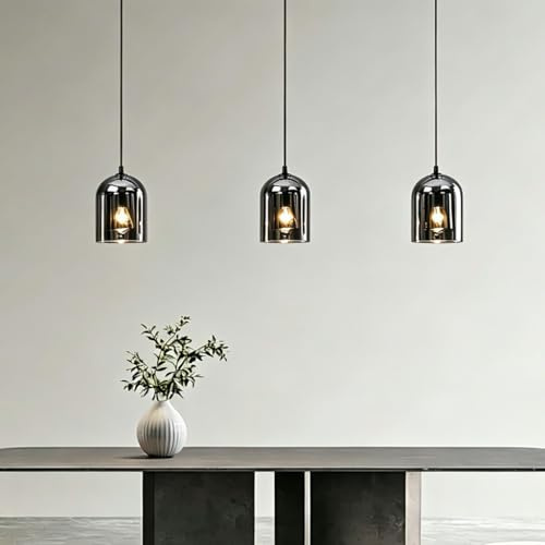 HYKISS Lampada Pendente Moderna Lusso Vetro Campana Fumato Lampada Sospesa Metallo Nero Stile Industriale Cavo Sospensione Regolabile Base E27 Illuminazione Per Tavolo Pranzo Isola Cucina(A-3-light)