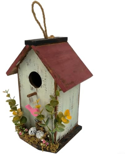 FUANA Casetta per uccelli in legno fatta a mano, per esterni, rustica, da appendere, con dettagli in erba, decorazione leggera per patio (B)