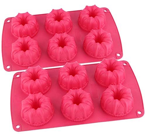 webake 2 Pcs Moldes Bizcocho Horno para Savarin de Silicona para Reposteria 6 Cavidades Color Rojo, 29x18.5x3.8cm