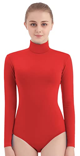 SUPRNOWA Rollkragen-Trikot, lange Ärmel, Spandex, für Tanz, Workout, Fitness, Bodysuit für Damen, Rot/Ausflug, einfarbig (Getaway Solids), XS