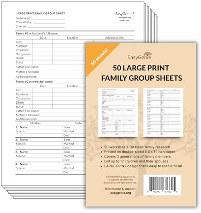 EASYGENIE 50 Large Print Family Group Sheets to Fill In – Genealogy Forms for Large Families (8.5 x 11) Genealogy Basics