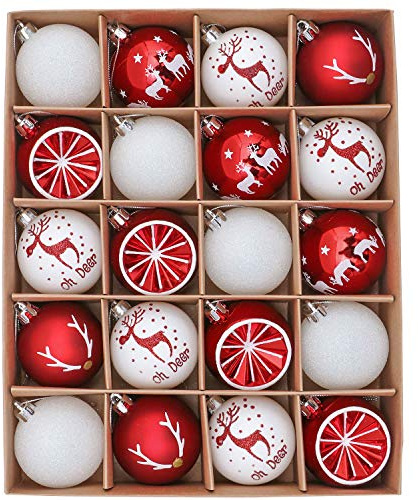 Victor's Workshop Weihnachtskugeln 20 TLG. 6cm Christbaumkugeln Weihnachtsbaumschmuck Bruchsicher Plastik Ornament Weihnachten Deko mit Anhänger für Party Weihnachtsdeko Oh Hirsch Thema Rot Weiss