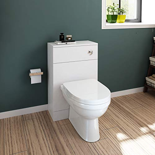 ELEGANT High Gloss White 2 Pieces Ceramic Toilet | Back to Wall with White Concealed Cistern WC Unit Bathroom Furniture, D Shape Toilet Pan seat 300mm