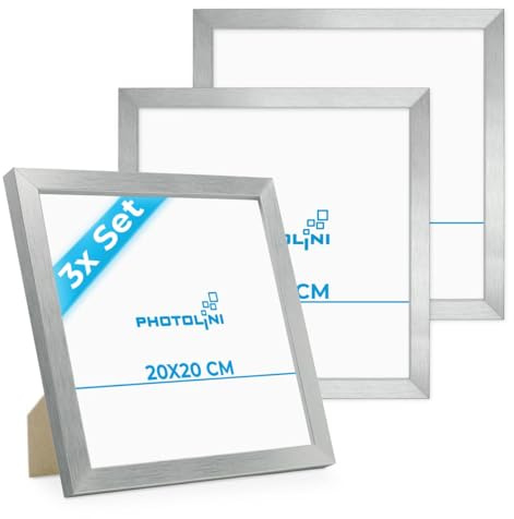 PHOTOLINI Bilderrahmen 20x20 Silber MDF-Holz, 3er Set Poster-Rahmen, bruchsicheres Acrylglas, zum Aufhängen & Aufstellen, extra Zubehör - für Fotos & Poster