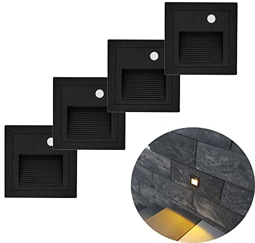 Arote Lot de 4，3W LED Applique encastré murale Carré avec Détecteur de Mouvement IP65 Étanche Blanc chaud Lumière de Nuit Induction Lumières d'escalier Lumières de marche Aluminium, noir
