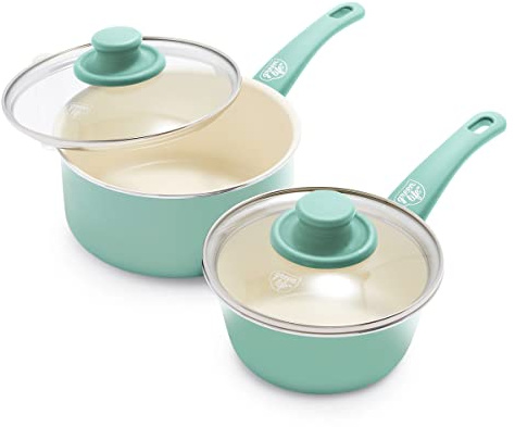 GreenLife Soft Grip Healthy Ceramic Non-Stick 15cm and 18 cm Saucepan Pot Set with Lids, PFAS Free, Turquoise