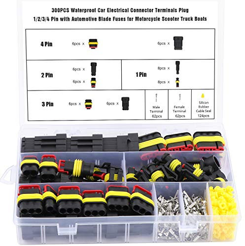 Aussel 300PCS Waterproof Car Electrical Connector, 1 2 3 4 Pin Terminals Plug for Motorcycle Scooter Truck Boats