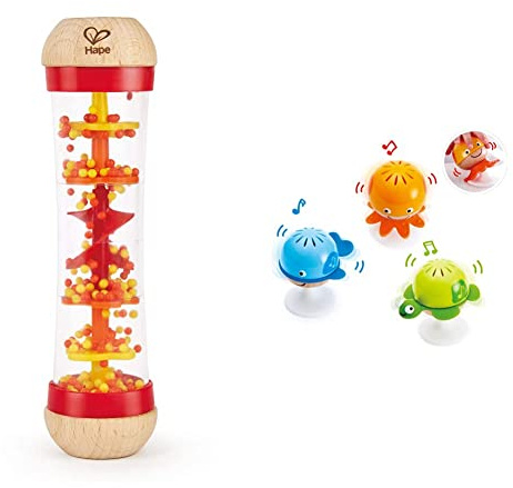 Hape Saugknopf Rasselset | DREI Wassertiere mit Beißringelementen | Lernspielzeug-Set für Babys & Regenmacher | Mini-Rassel aus Holz Regenmacher-Spielzeug, Rot