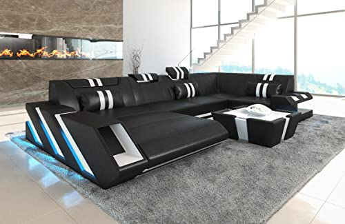 Sofa Apollonia U Form Wohnlandschaft Leder Couch mit LED Ledersofa mit Ottomane (Ottomane Links, Schwarz-Weiß)