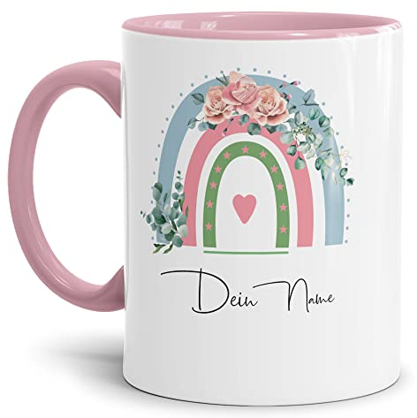 Kinder-Tasse - mit Name Bedrucken - Regenbogen Motiv mit Rosen - Geschenk für Jungen & Mädchen - Keramik Innen & Henkel Rosa, 300 ml - Personalisiert