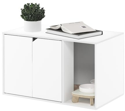 Furinno PELI Katzentoiletten-Gehäuse, 79 cm breit, versteckte Katzentoilette mit Seiteneingang, Haustierhaus aus Holz mit Türen, einfache Montage, für Wohnzimmer, Weiß