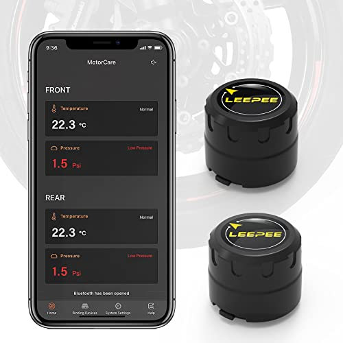 leepee Motorcycle Tire Pressure Monitoring System, Tire Pressure and Temperature Alarm, Wireless TPMS with 2 External Sensors, Compatible with iOS and Android, Tire Valves