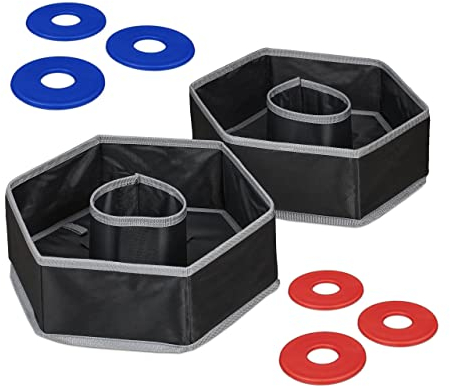 Relaxdays Jeu de Lancer, Washer Toss, 6 disques, 2 cibles, Enfants & Adultes, Jouet pour Jardin et Plage, Multicolore