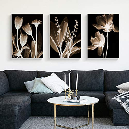 CAYBES Set di 3 Quadri in Bianco e Nero Con Fiori Astratti su Tela, Dipinti Moderni e Minimalisti, Poster e Stampa di Immagini Murali Per Soggiorno, Decorazioni Per La Casa-50x70cm (Senza Cornice)