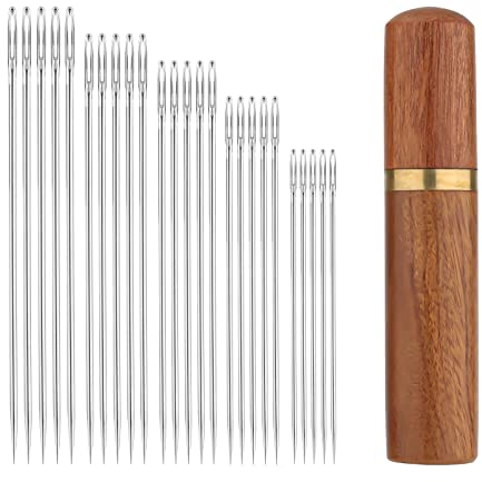 25pcs Large Eye Sewing Needles, Stainless Steel Tapestry Sharp Needle Hand Knitting Embroidery Needles Wool Needle with Wooden Needle Case Yarn Knitting Needles for Crochet Projects (5 Sizes)