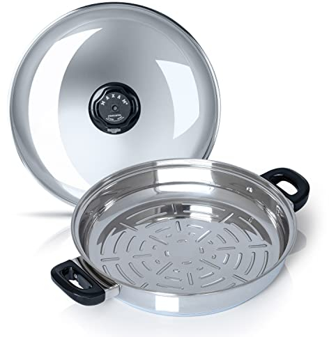 Maxam Edelstahl-Grillpfanne, 33 cm, robuste Edelstahlkonstruktion mit hitzebeständigem Griff, Abdeckung und Sear Ridges