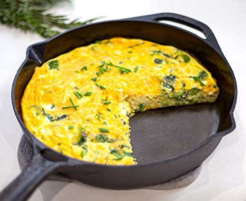 The Vintage Gourmet Cast Iron Skillet Frying Pan 12 Inch, 32cm Smooth Non-Stick 10.5 Inch Cooking Surface, Pre-Seasoned with Vegtable Oil Handmade cast iron with Helper Handle 2.7kg, Heirloom Quality