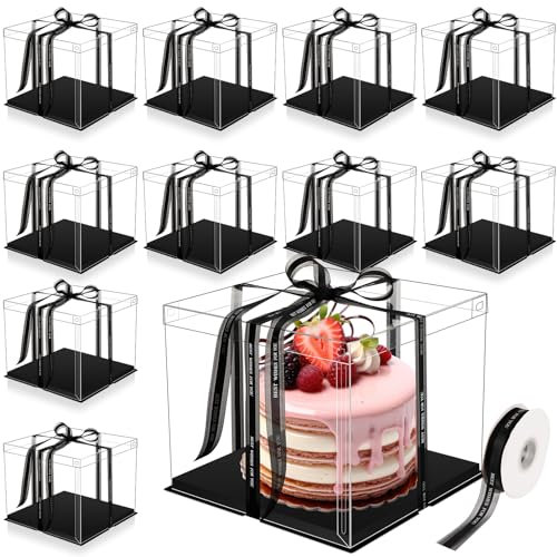 Maxdot 10 Pcs Transparent Tall Cake Boxes 12 x 12 x 10 Large Clear Cake Box with Ribbon Cake Carrier PET Wedding Cake Storage Container Clear Gift Boxes for Party Birthday Dessert Display (Black)