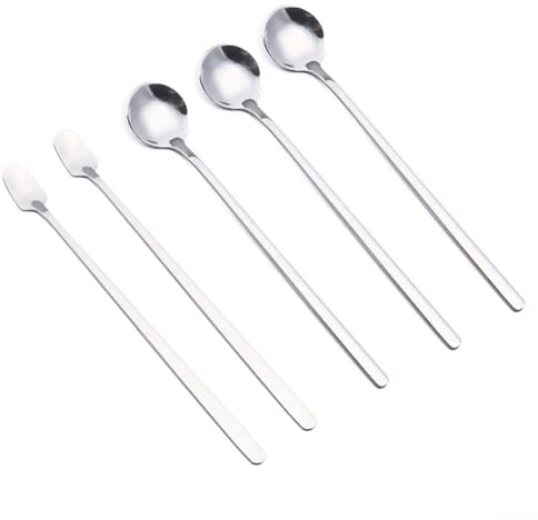 HEIBTENY Pack of 6 Tea Spoons with Long Handle, Stainless Steel, for Mixing Ice, Latte, Coffee, Round Spoon, Square Spoon (Silver)