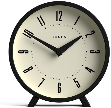 JONES CLOCKS® Venus schreibtischuhr | Modernes rundes Design | Schwarz | Stilvoller retrolook für Regal, Tisch, kaminsims oder nachttisch