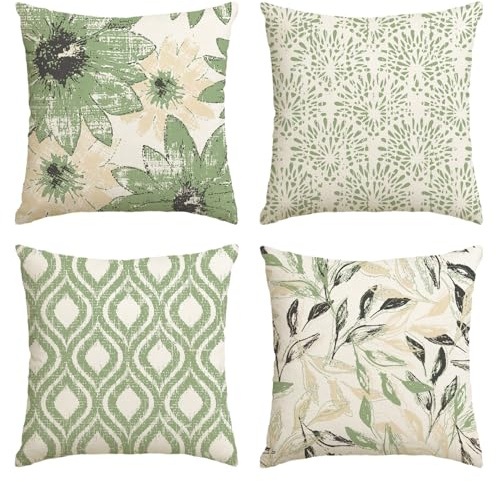 Artoid Mode Grün Retro Gänseblümchen Frühling Kissenbezüge 4er Set, 40x40 cm Saisonnal Zierkissenbezug Cushion Cover Couch Wohnzimmer Deko