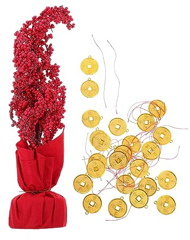 1 Set Cash Cow Ornament Bonsai Baum Neujahr Baum Kristall Statue Neujahr Desktop Decor Künstlicher Geldbaum Edelstein Rot Chinesischer Stil Papierkarte