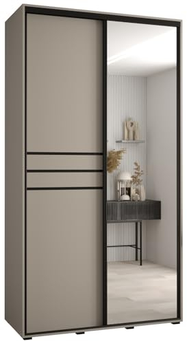 MEBLE KRYSPOL Dakota 11 Schrank mit Zwei Schiebetüren - Moderner Kleiderschrank mit Spiegel, Kleiderstange und Regalen - 235,2x140x60cm - Kaschmir Schwarz