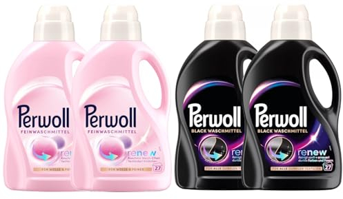 PERWOLL Flüssig-Set 4x 27 Waschladungen (108WL) 2x Black & 2x Für Wolle & Feines, Feinwaschmittel erneuert dunkle Farben und Fasern & Feinwaschmittel glättet und verhindert Knötchen
