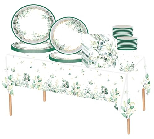 69Pcs Sage Green Party Tableware Set,Eucalyptus Leaf Plastic Table Cloth,Paper Plates,Napkins and Cups for Birthday Baby Shower Boho Wedding Engagement Baptism Sage Green Party Supplies Decorations