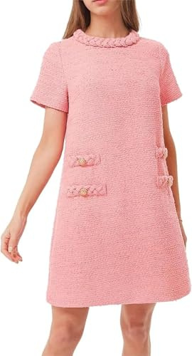 BUNSLOOM Robe en tweed pour femme - Manches courtes - Col rond - Ligne A - Style vintage - Mini robe décontractée