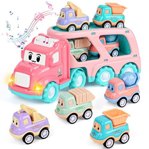 Weinsamkeit Jouet Camion avec Sons et Lumières, 5 en 1 Garage Voiture pour Enfants, Transporter Truck Cars Voiture Portable Bus Jouet Éducatifs Cadeau pour Enfants 3-5 Ans Garçons Filles