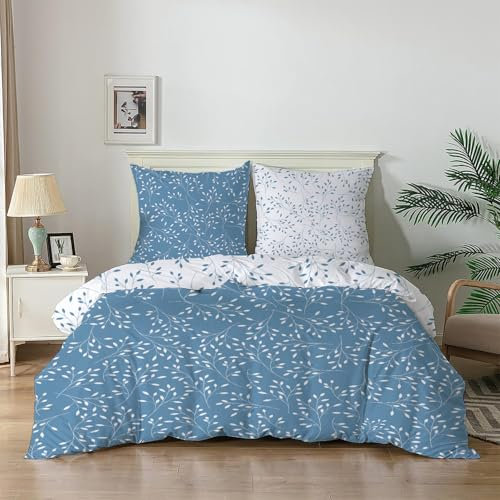 Qiwagu Bettwäsche 155x220 Blau Weiß Blätter Pflanzen Muster, Hellblau Botanisch Wendebettwäsche Set aus Weich Atmungsaktive Mikrofaser, Bettbezug und 2 Kissenbezüge 80x80 cm