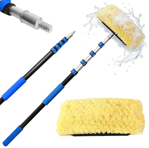 Karveden 12FT Car Wash Brush with Long Handle, Car Cleaning Brush with Soft Bristle, Aluminium Telescoping Pole for Solar Panel, House Siding, Cars, Trucks, SUV, RV, Floors, Blue