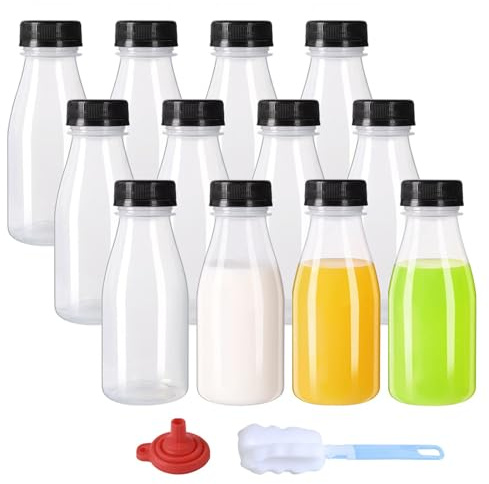 ZMCYN Lot de 12 petites bouteilles de lait en plastique PP résistant à la chaleur avec couvercles - Passe au lave-vaisselle - Réutilisables - Pour jus, smoothie, boissons faites maison - 200 ml
