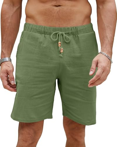 LVCBL Herrshorts och bermudashorts lätta sommarshorts i linne med fickor M-3XL, Kaki grön, XL