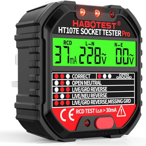 Socket Tester RCD Plug Outlet Tester UK, Electrical Receptacle Detector with LCD Display, 90-250V Power Socket Automatic Electric Circuit Polarity Breaker Finder (HT107E)