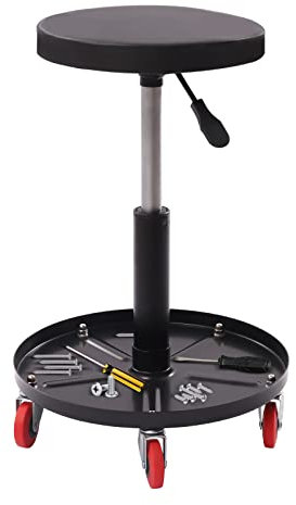 Werkstatthocker, Rollhocker Mechanikerhocker 360° Drehbarer Werkstatthocker, Höhenverstellbar 44-56cm Werkstatt-Arbeitssitz mit 5 Rollen, Werkzeugablage, Tragkraft 300lbs