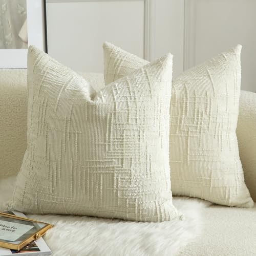 Mandioo 2er Set Chenille Kissenbezug Dekorativer Kissenbezüge Gemütlicher weichen Kissenhülle Sofakissen Dekokissen Couchkissen Zierkissenbezug Schlafzimmer Wohnzimmer 40x40 cm Cremeweiß