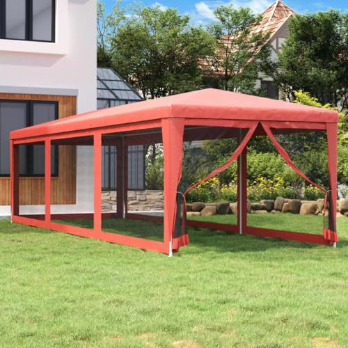 Gecheer Tente de fête avec 8 Parois latérales en Maille Rouge 3x9m PEHD, Tente de Réception Gazebo Pavillon Extérieur Belvédère pour Jardin, Camping, Fête, Marriage, BBQ, Terrasse, Plage