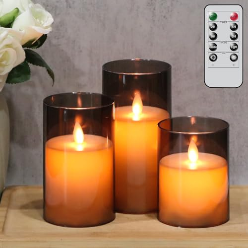 Eldnacele Flammenlose Kerzen aus Glas mit Fernbedienung und Timer, batteriebetriebener beweglicher Docht, unzerbrechlicher Kunststoff, schwarz, flackernde LED-Stumpenkerze, Set mit 3 Stück, Abendessen
