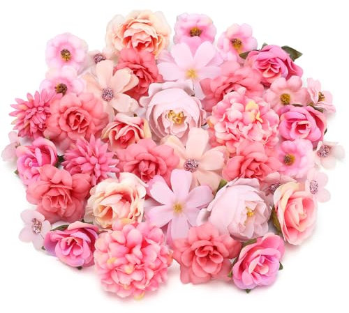 40PCS Artificial Flowers Heads Small Pink Artificial Flowers for Cake Decorations, Silk Faux Craft Flowers Pink Roses for Flower Wall Panel DIY Party Cake Hair Decorative Bridal Bouquet Wedding Party