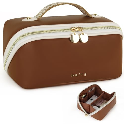 Prite Kosmetiktasche Reise Make Up Tasche mit Pinsel-Fächer, Braun, M | Schminktasche, Kulturtasche, Zwei Größen, Wasserdichte PU-Leder, Transparente Trenner, Tragbarer Griff, Geschenkboxverpackung