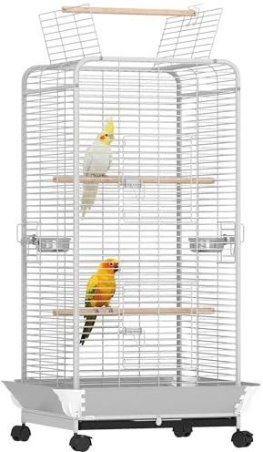 PawHut Jaula para Pájaros con Ruedas Jaula para Loros Bandeja Desmontable y Perchas Comederos Pajarera para Cotorras Cacatúas 79x73x146 cm Gris Claro