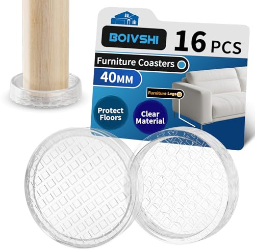 BOIVSHI Ø40mm Carpet Protector Cups, Trasnparent Furniture Coaster, Clear Castor Cups, Sofa Leg Floor Protectors 16PCS