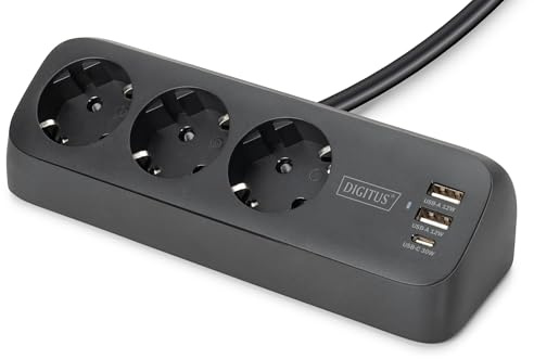 DIGITUS Regleta con USB – 2X USB-A, 1x Tipo C – 3X Toma de Corriente con Contacto de protección – Protección contra Cortocircuitos y sobretensiones – Fijación con Abrazadera para mesas – Negro
