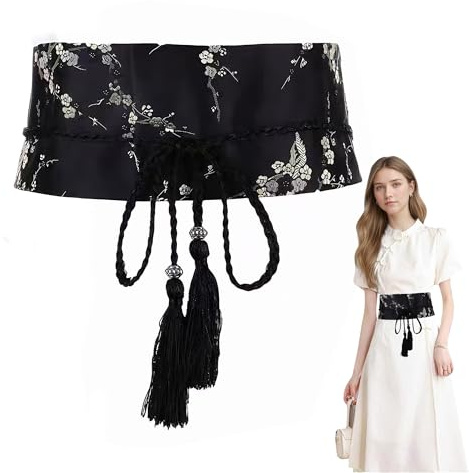 DHER Cintura ricamata vintage Cintura con frange stile cinese Vita larga ricamata retrò stile antico Hanfu donna cintura in tessuto vestito decorativo vita versatile stile etnico